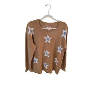 EVRI Womens Plus 0X Star Print Knit Sweater Camel Brown Metallic Long Sleeve